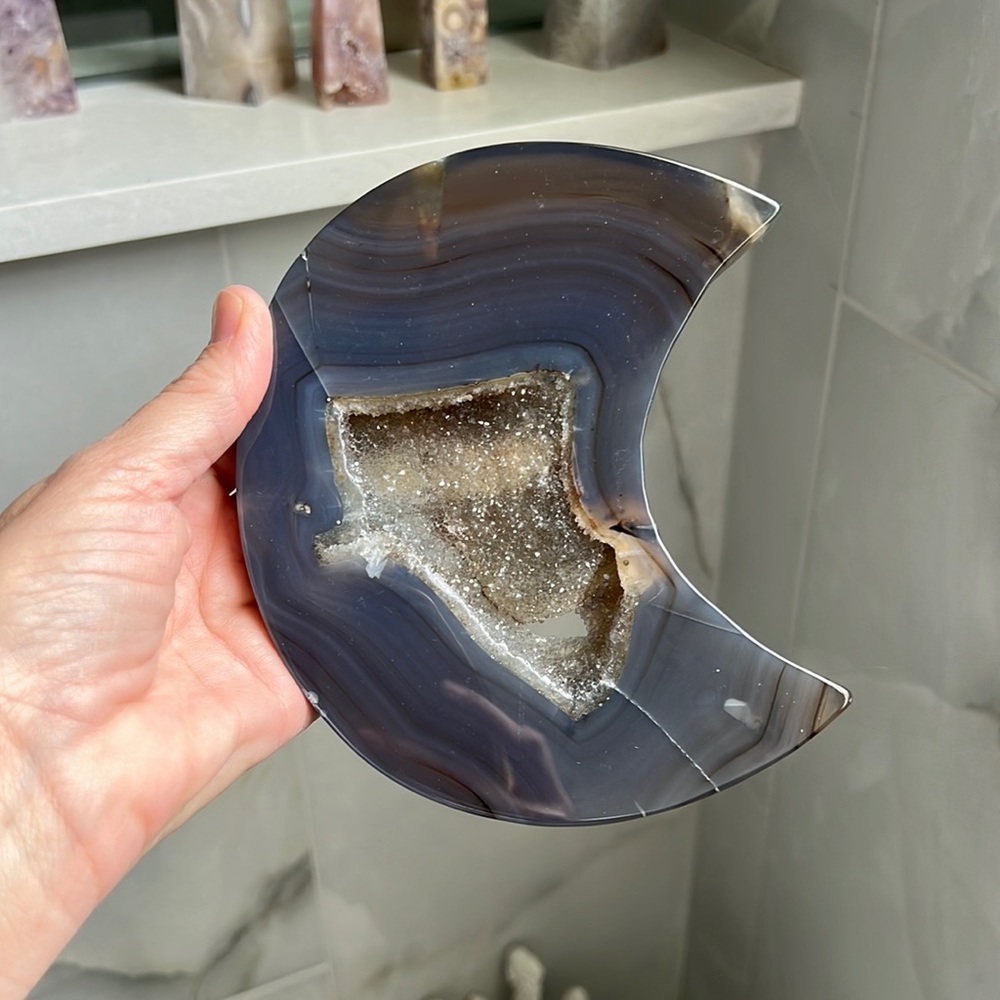 Large druzy banded agate moon carving crystal blue grey mineral